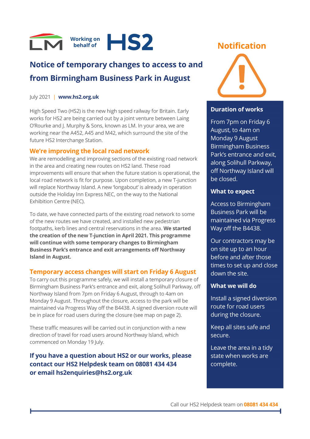 Notification Notice of Temporary Changes to Access to and from Birmingham Business Park in August