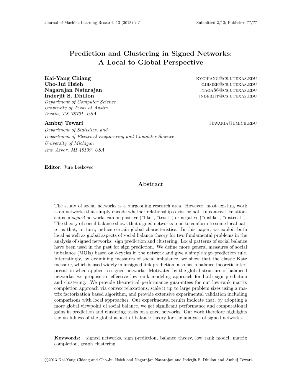 Prediction and Clustering in Signed Networks: a Local to Global Perspective