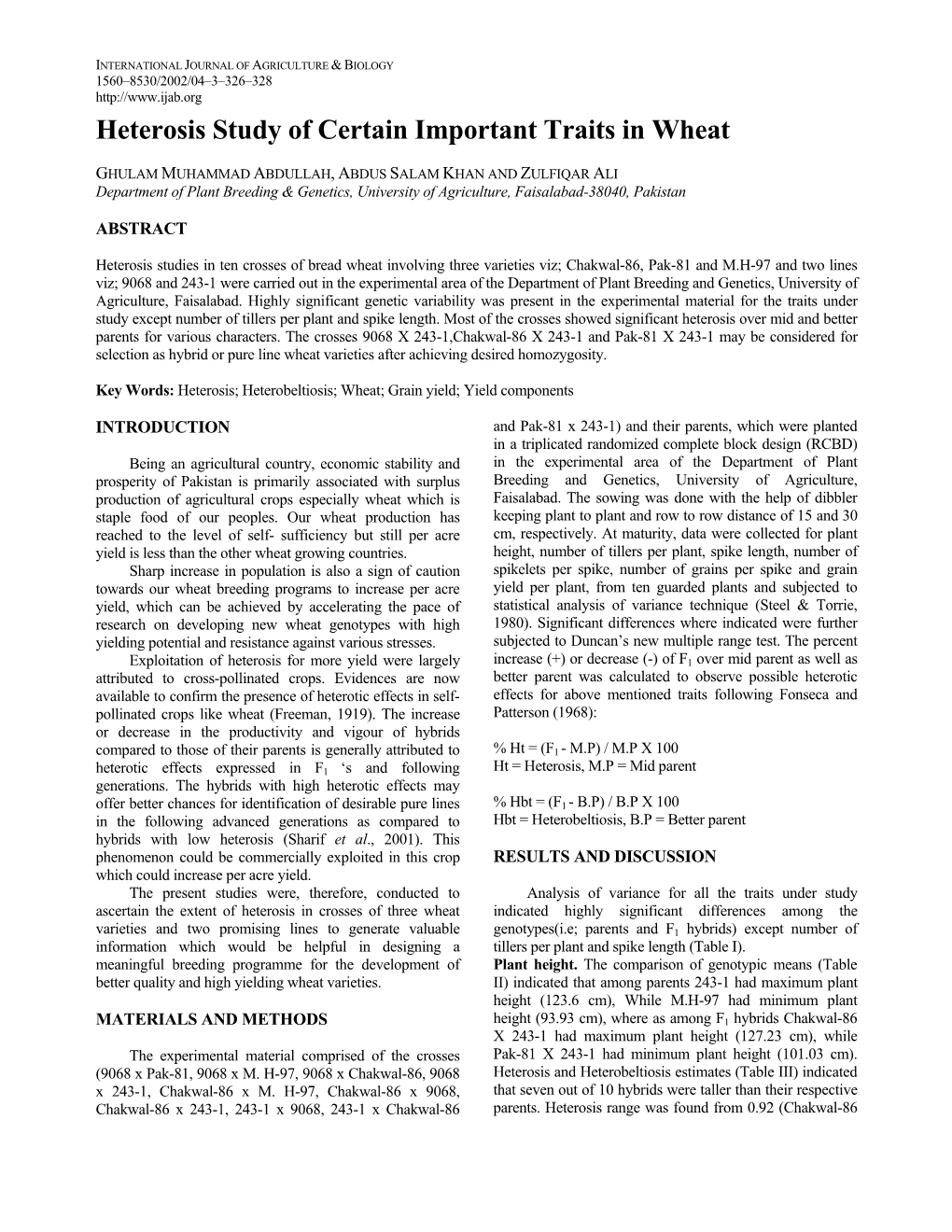 Heterosis Study of Certain Important Traits in Wheat