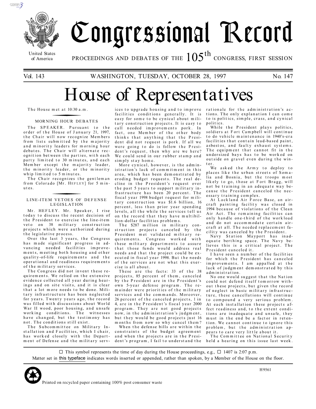 Congressional Record United States Th of America PROCEEDINGS and DEBATES of the 105 CONGRESS, FIRST SESSION