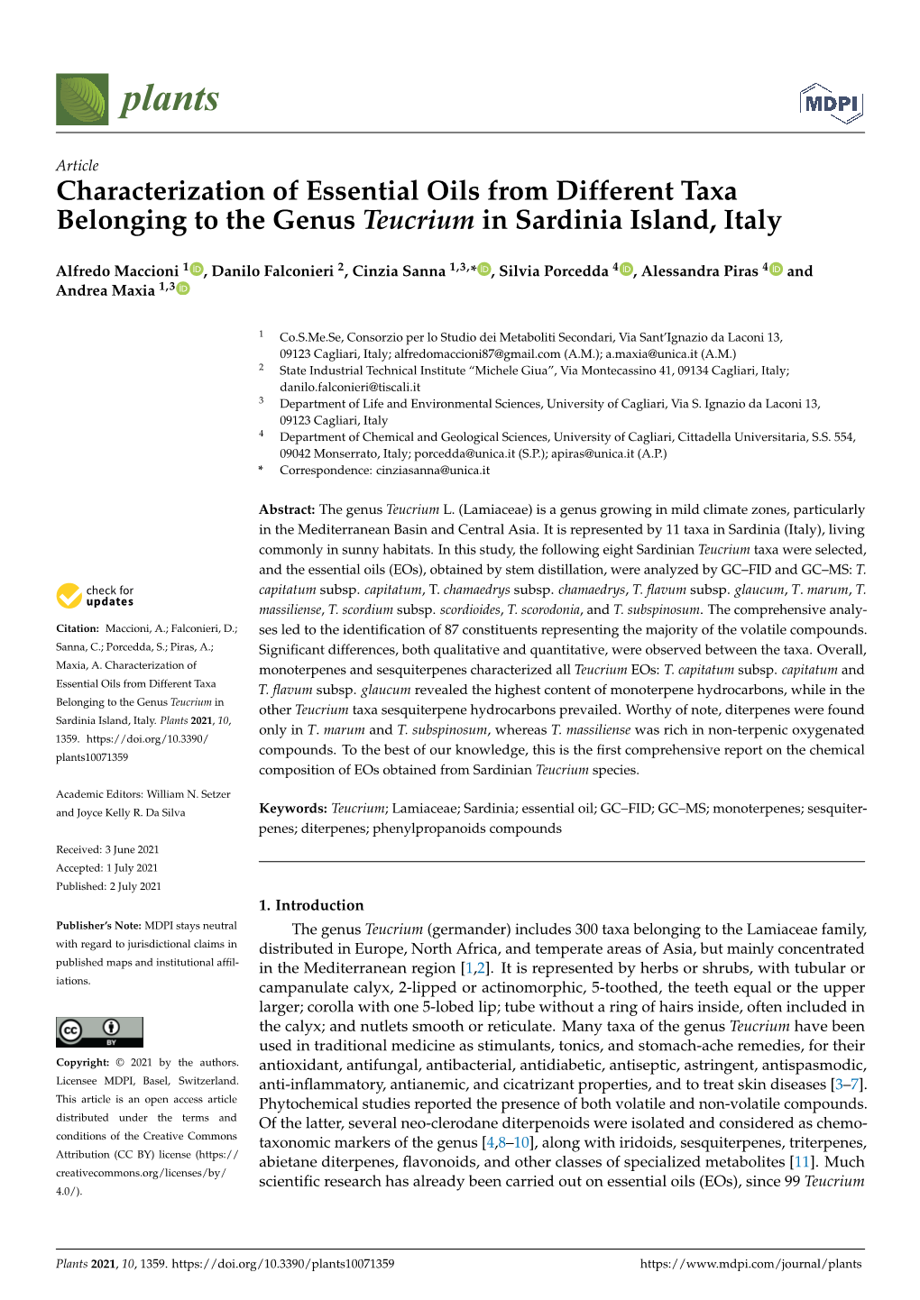 Characterization of Essential Oils from Different Taxa Belonging to the Genus Teucrium in Sardinia Island, Italy