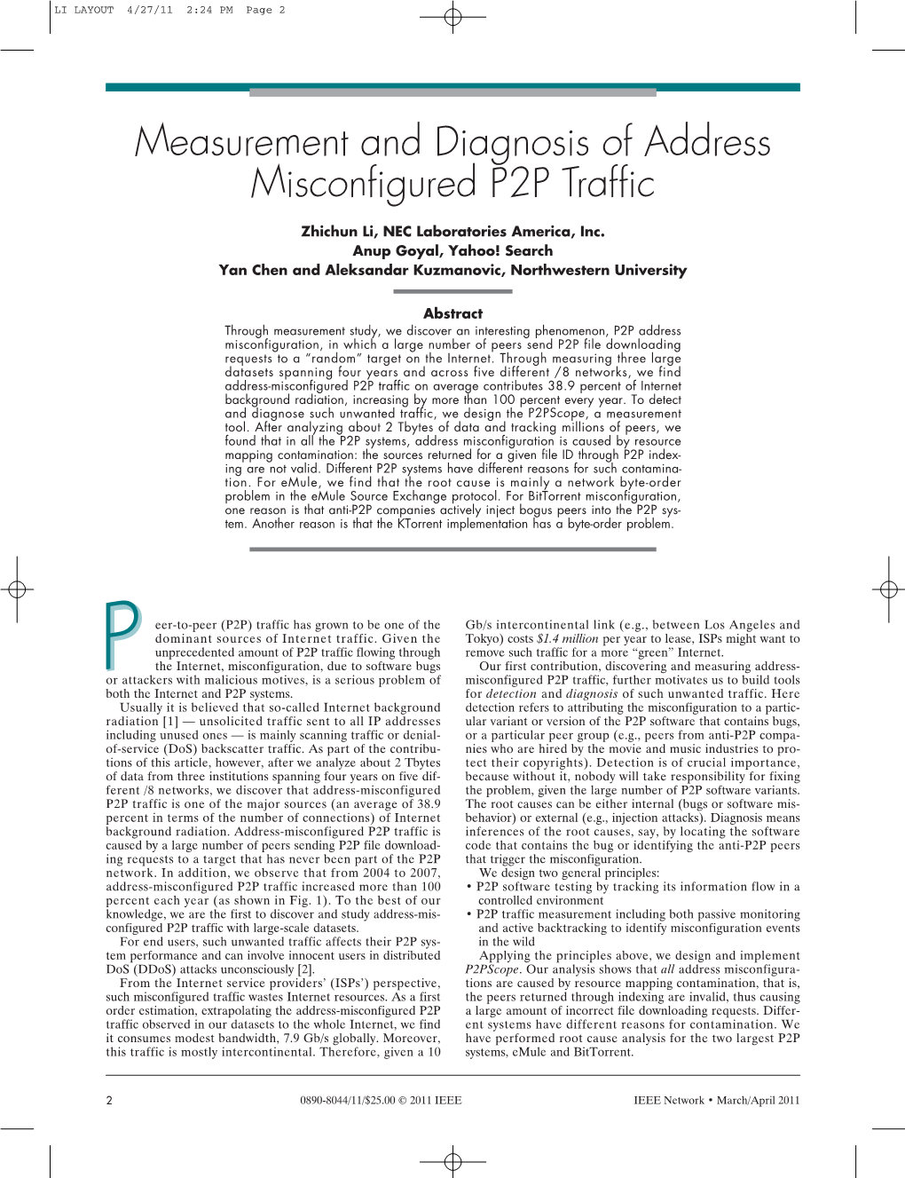 Measurement and Diagnosis of Address Misconfigured P2P Traffic