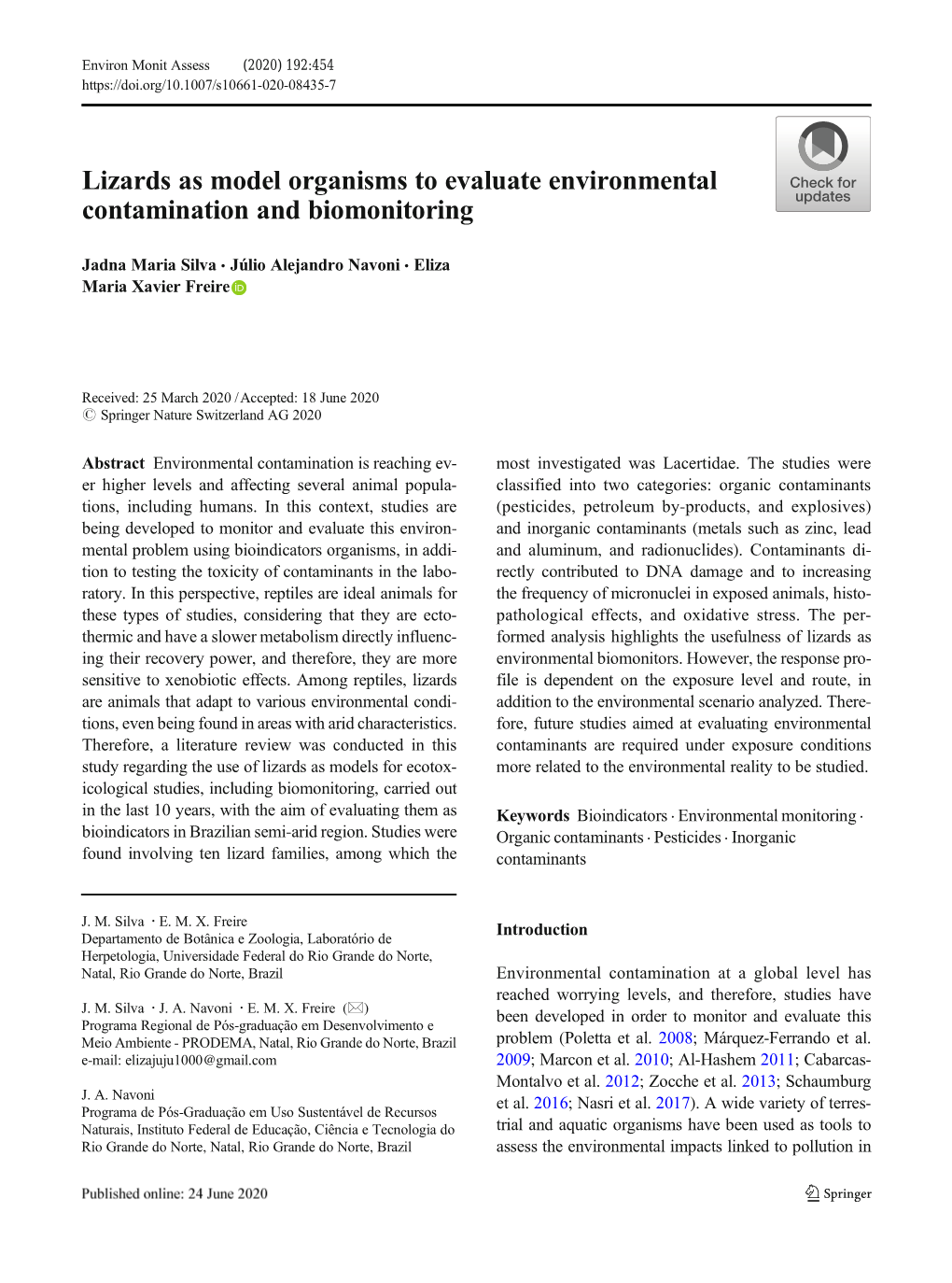 Lizards As Model Organisms to Evaluate Environmental Contamination and Biomonitoring