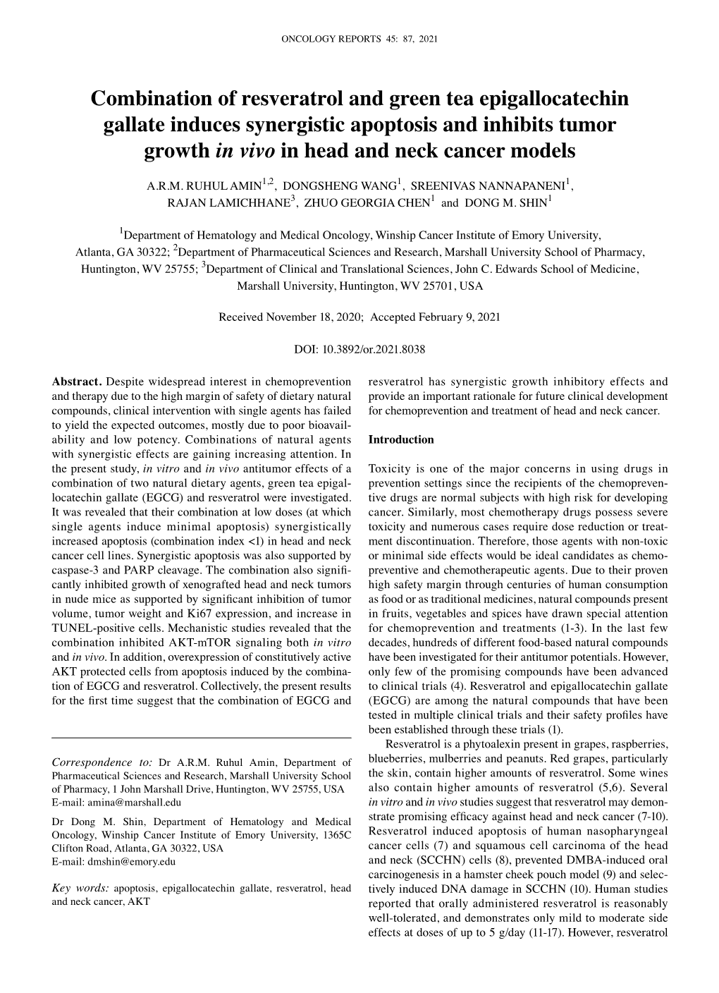 Combination of Resveratrol and Green Tea Epigallocatechin Gallate Induces Synergistic Apoptosis and Inhibits Tumor Growth in Vivo in Head and Neck Cancer Models