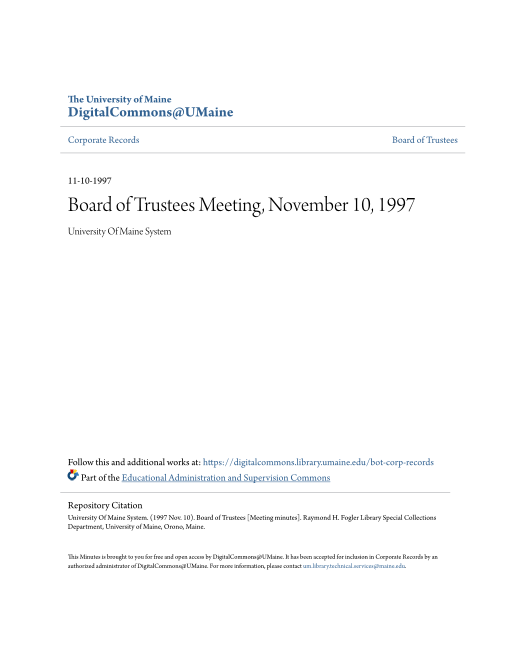 Board of Trustees Meeting, November 10, 1997 University of Maine System