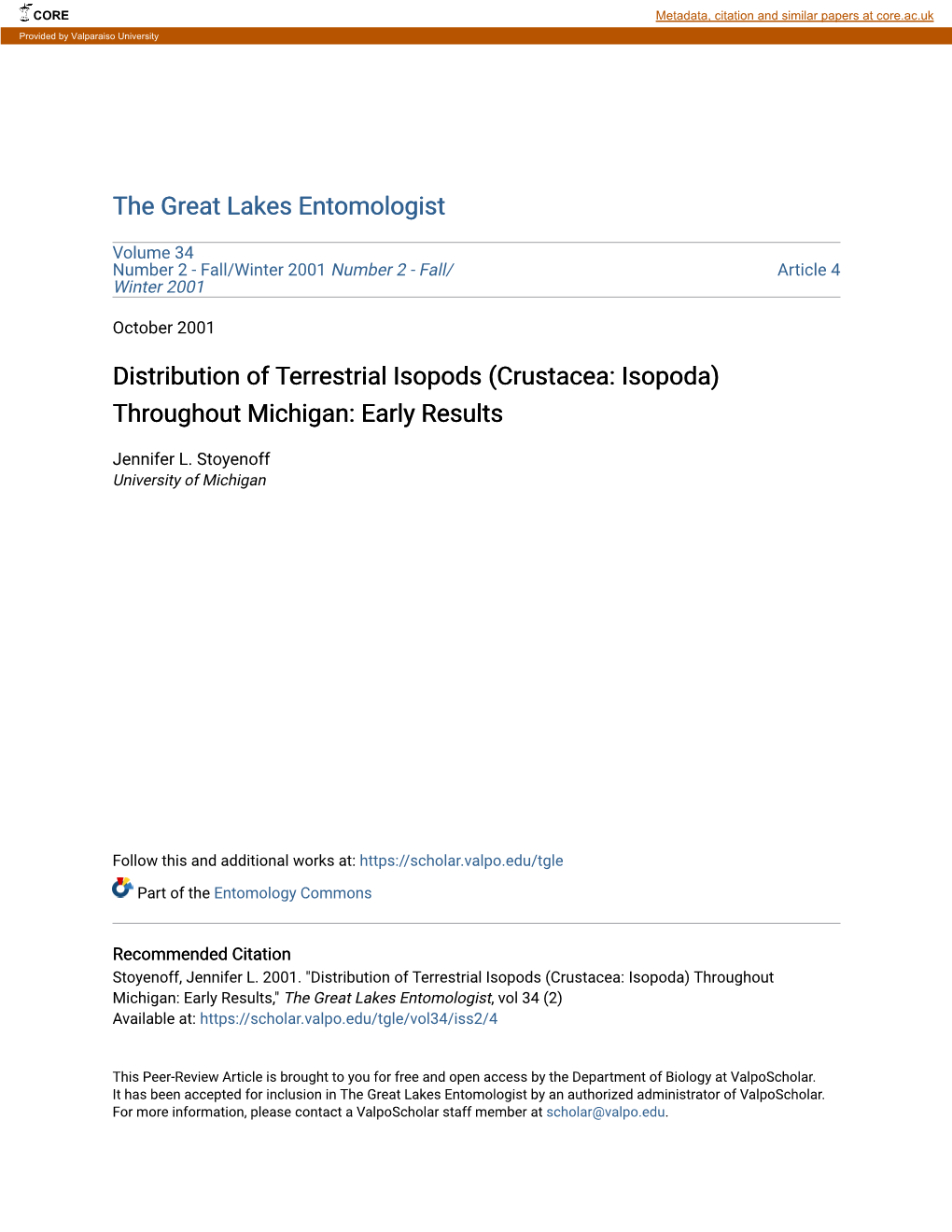 Distribution of Terrestrial Isopods (Crustacea: Isopoda) Throughout Michigan: Early Results