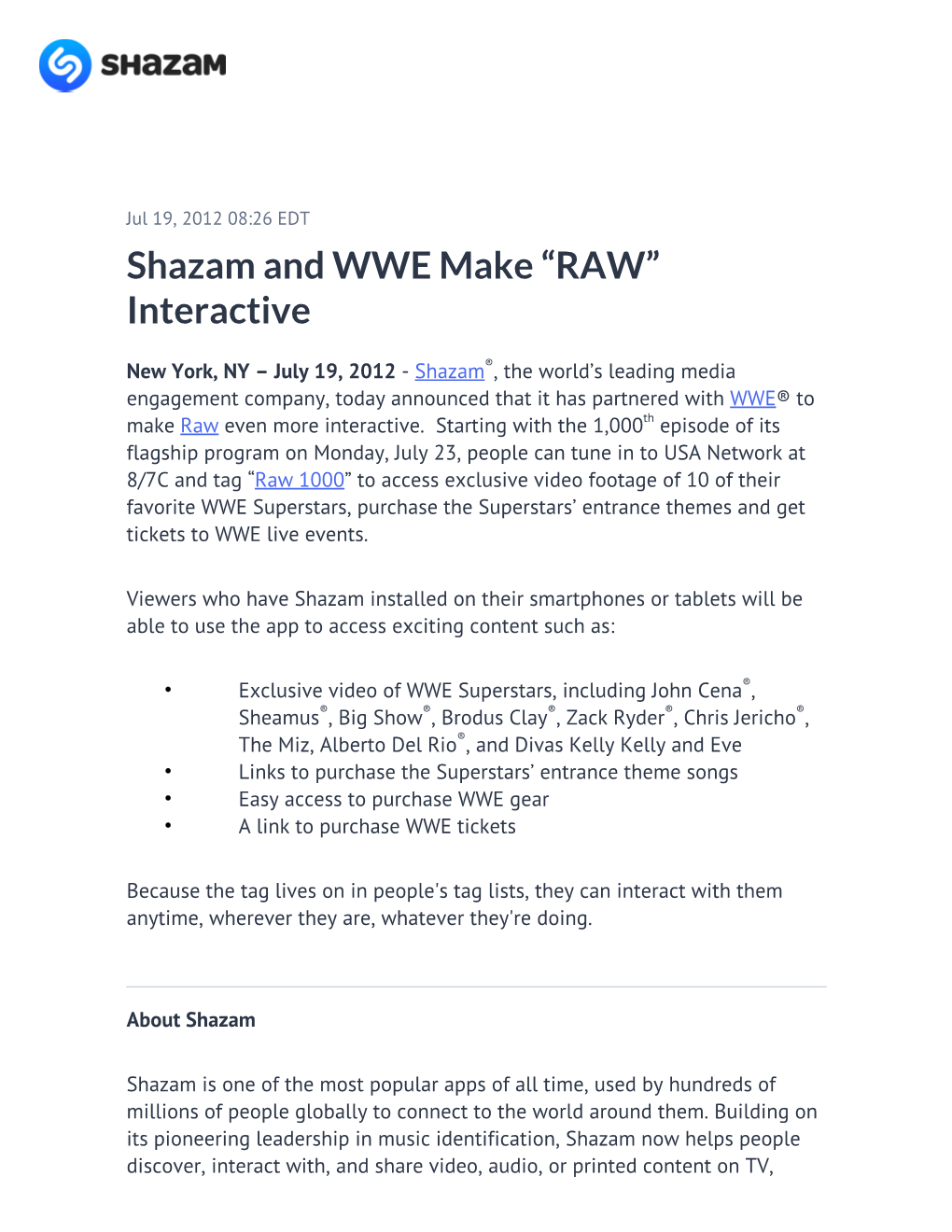 Shazam and WWE Make “RAW” Interactive