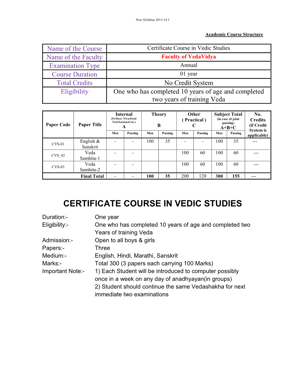Certificate Course in Vedic Studies
