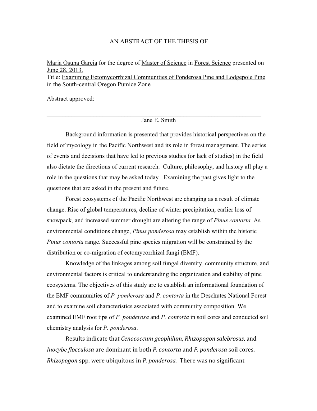 Examining Ectomycorrhizal Communities of Ponderosa Pine and Lodgepole Pine in the South-Central Oregon Pumice Zone