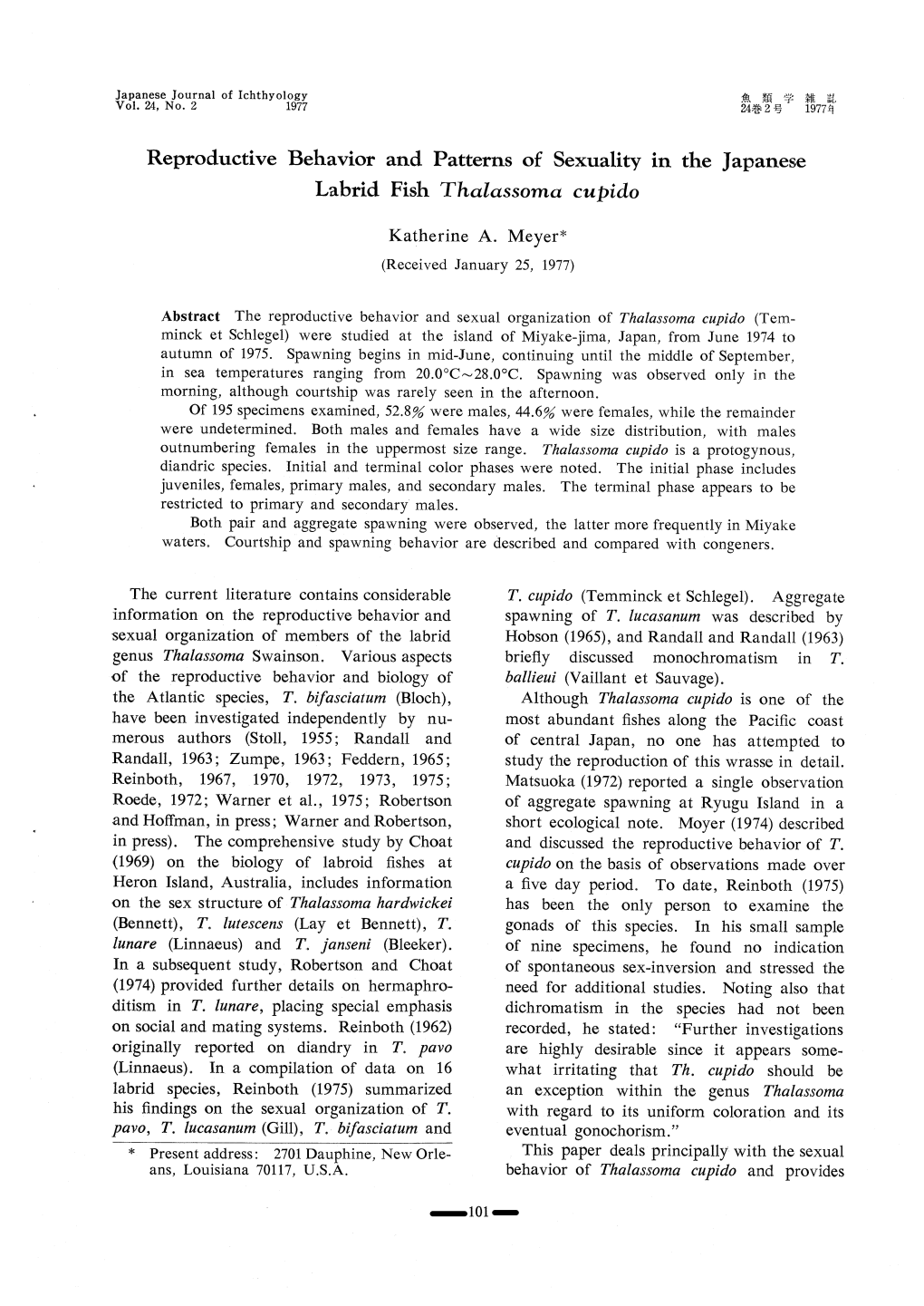 Reproductive Behavior and Patterns of Sexuality in the Japanese Labrid Fish Thalassoma Cupido