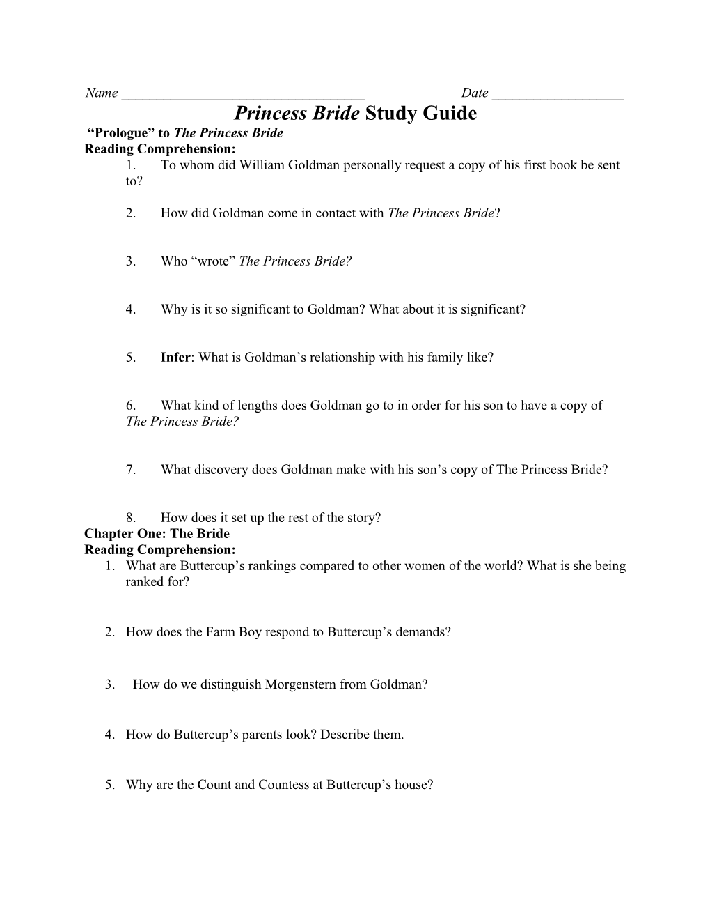 Princess Bride Study Guide