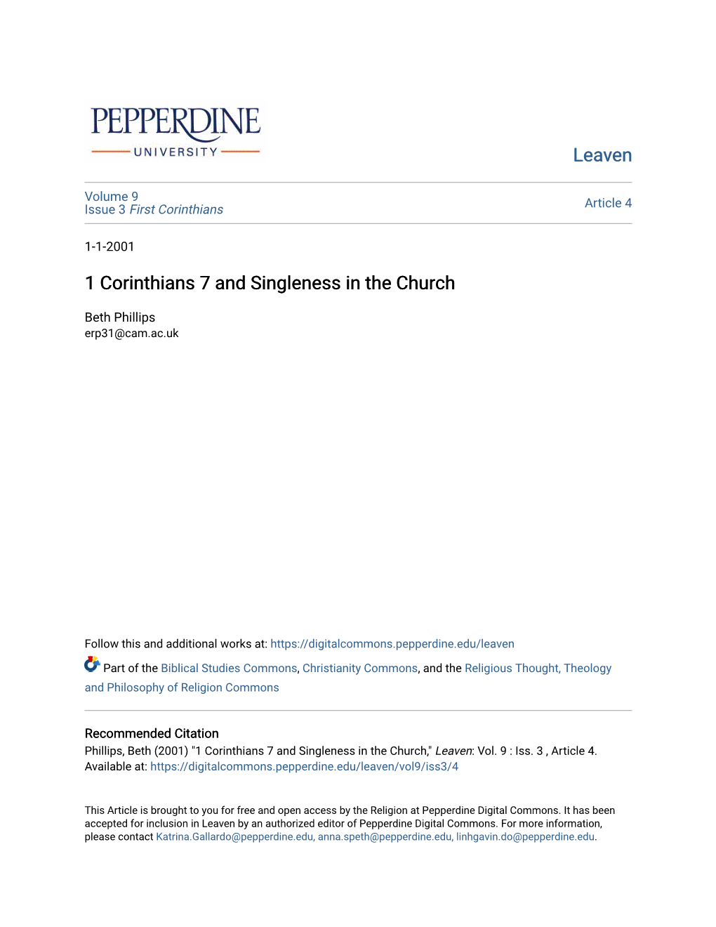 1 Corinthians 7 and Singleness in the Church