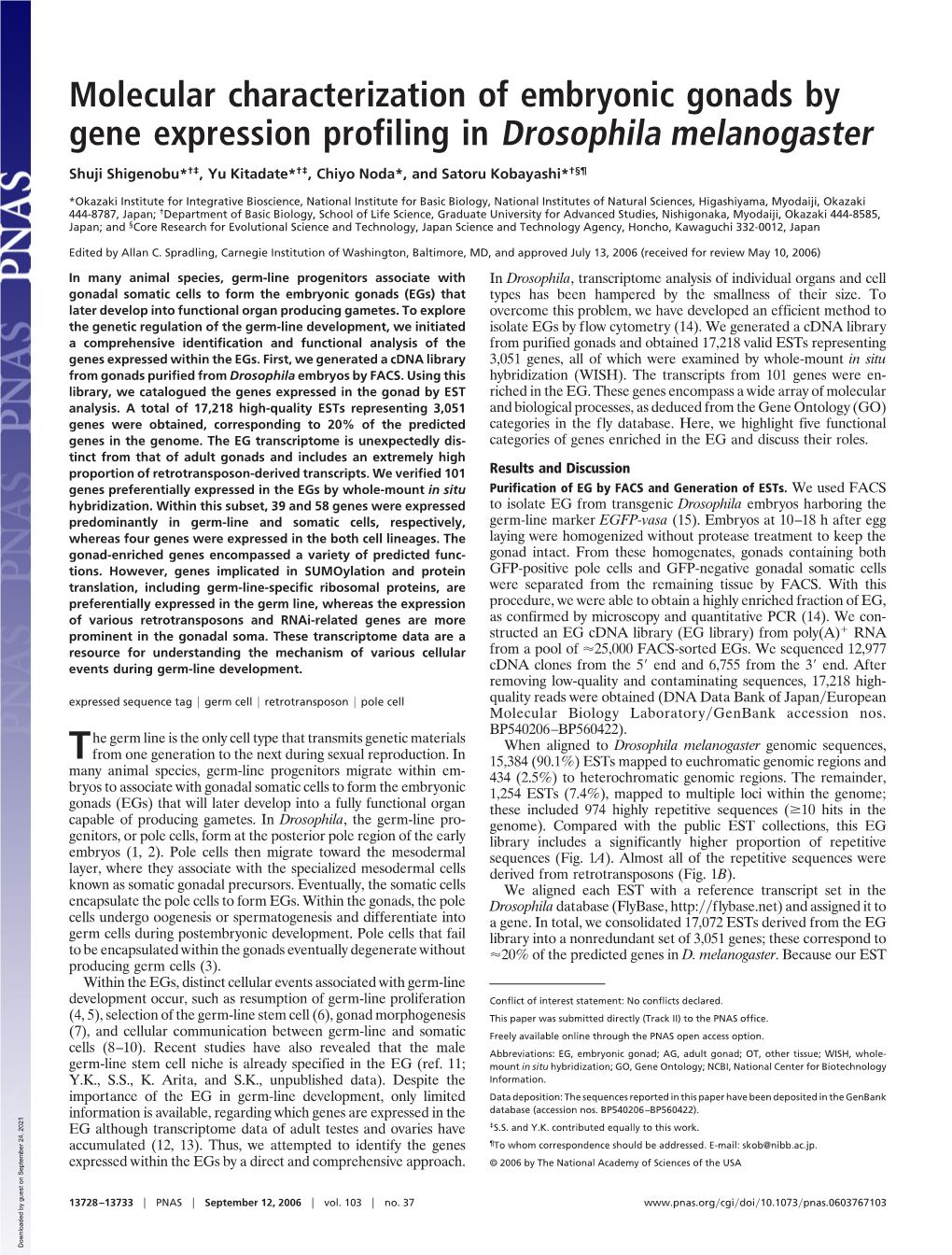 Molecular Characterization of Embryonic Gonads by Gene Expression Profiling in Drosophila Melanogaster