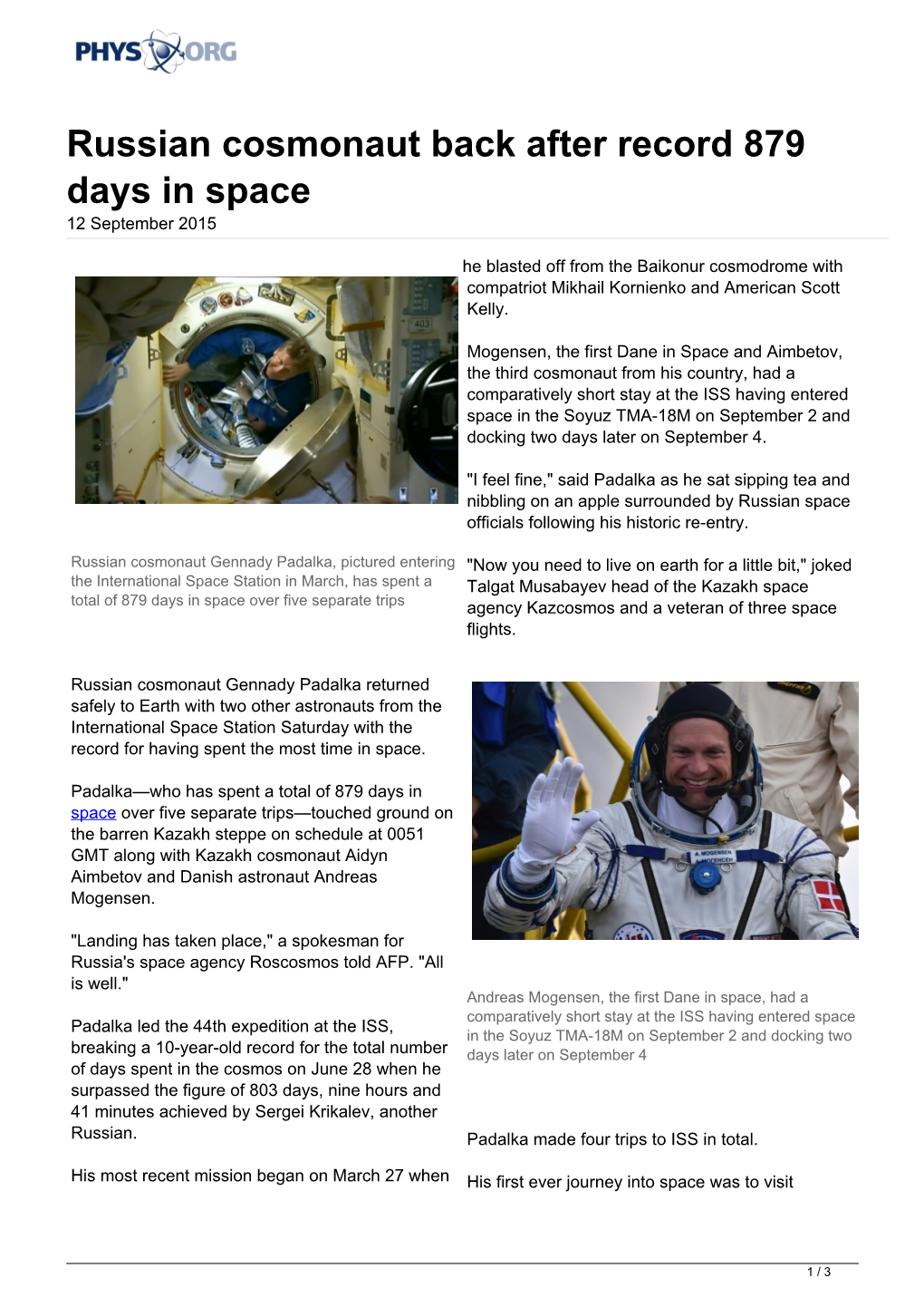 Russian Cosmonaut Back After Record 879 Days in Space 12 September 2015