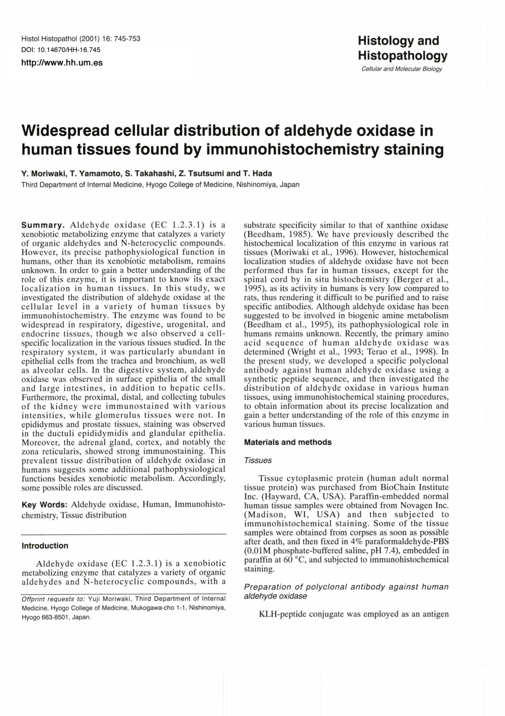 Widespread Cellular Distribution of Aldehyde Oxidase in Human Tissues Found by Immunohistochemistry Staining
