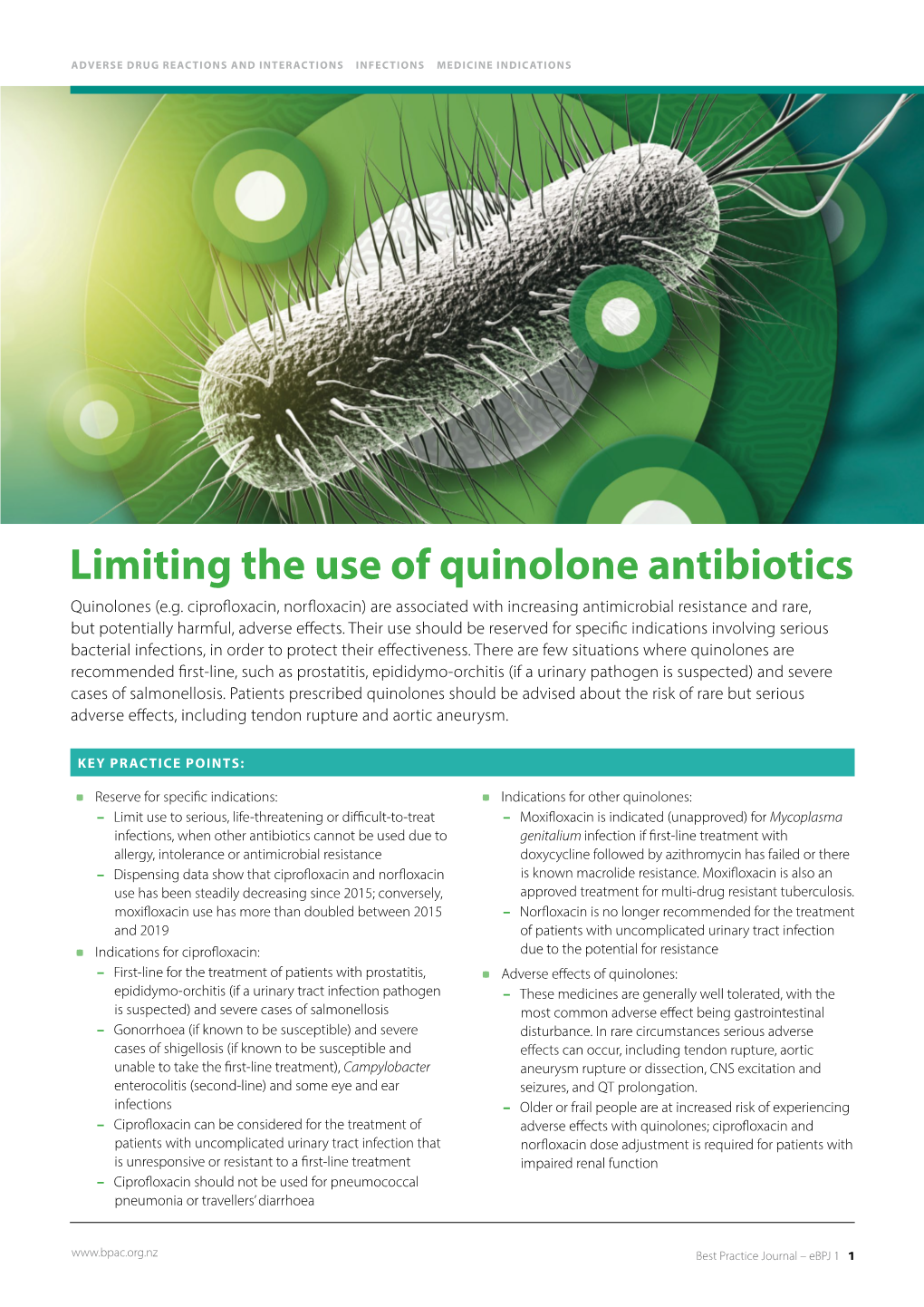 Limiting the Use of Quinolone Antibiotics Quinolones (E.G