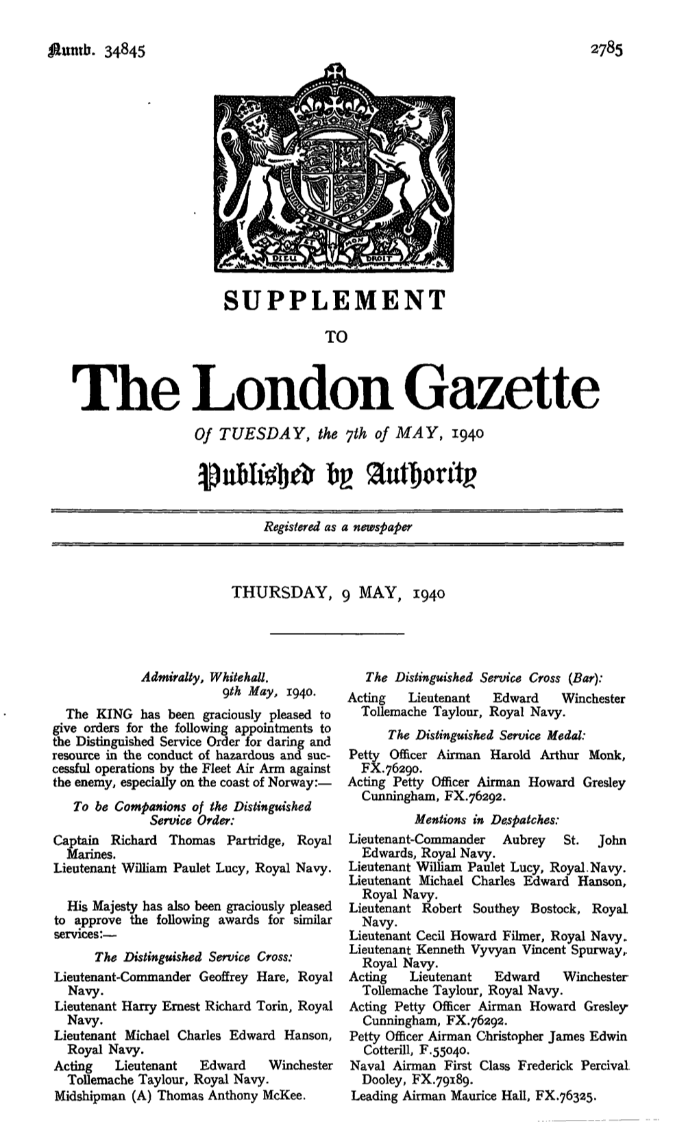 The London Gazette OJ TUESDAY, the Jth of MAY, 1940