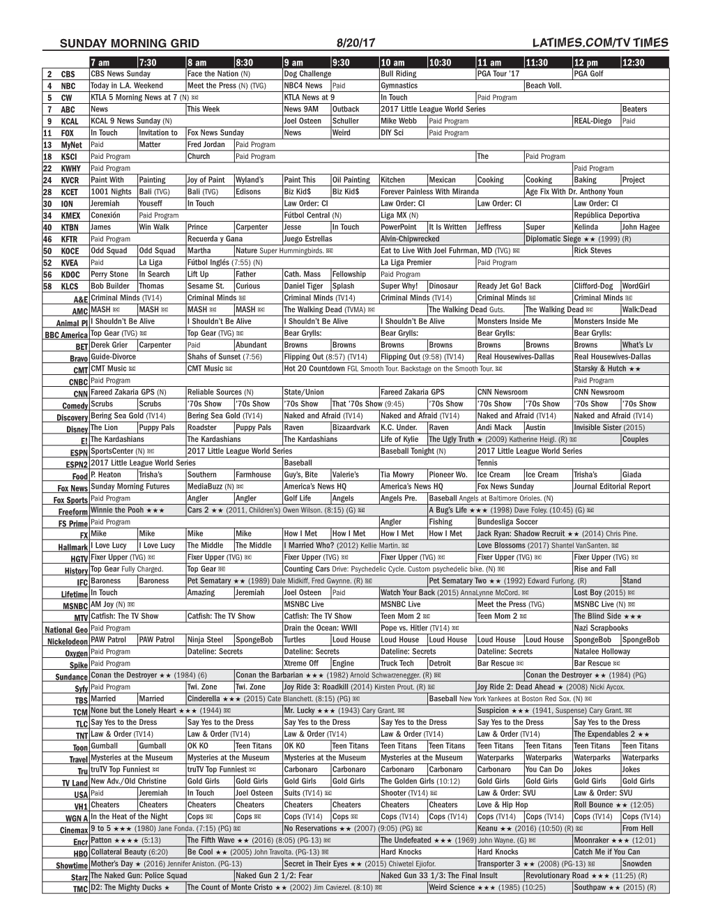 Sunday Morning Grid 8/20/17 Latimes.Com/Tv Times