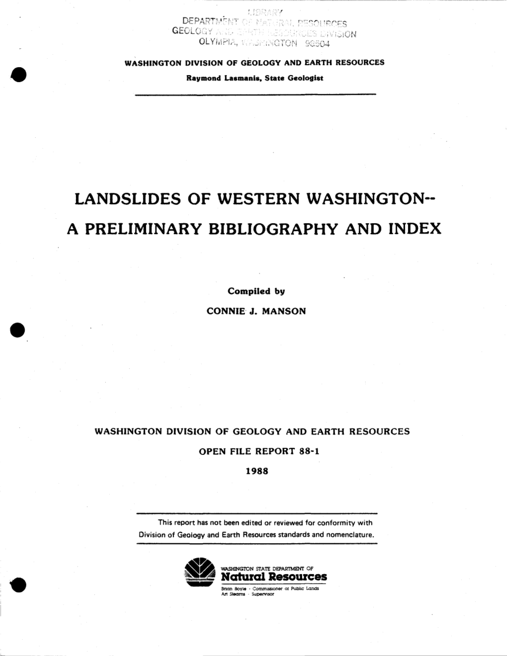 Open File Report 88-1: Landslides of Western Washington—A