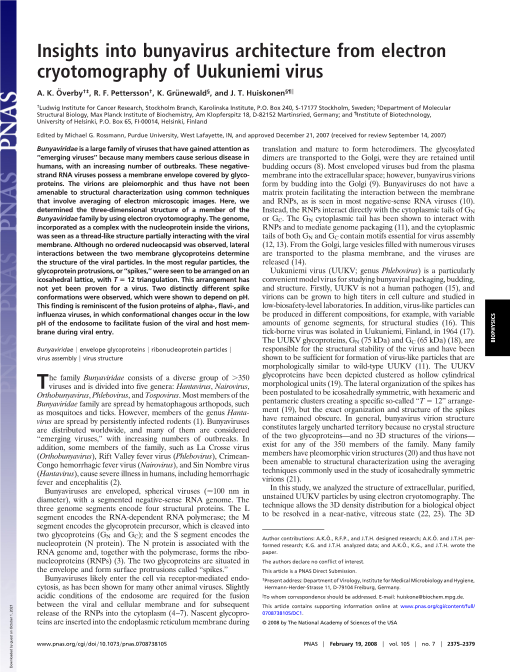 Insights Into Bunyavirus Architecture from Electron Cryotomography of Uukuniemi Virus