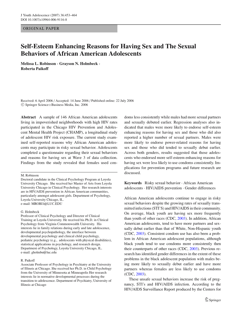 Self-Esteem Enhancing Reasons for Having Sex and the Sexual Behaviors of African American Adolescents