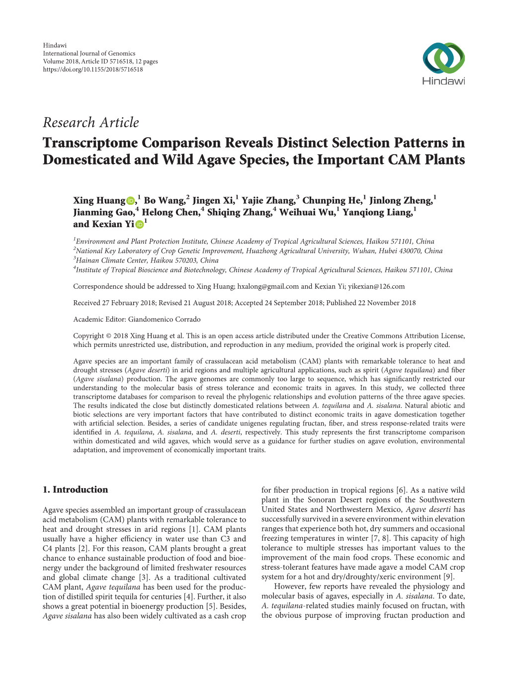 Transcriptome Comparison Reveals Distinct Selection Patterns in Domesticated and Wild Agave Species, the Important CAM Plants