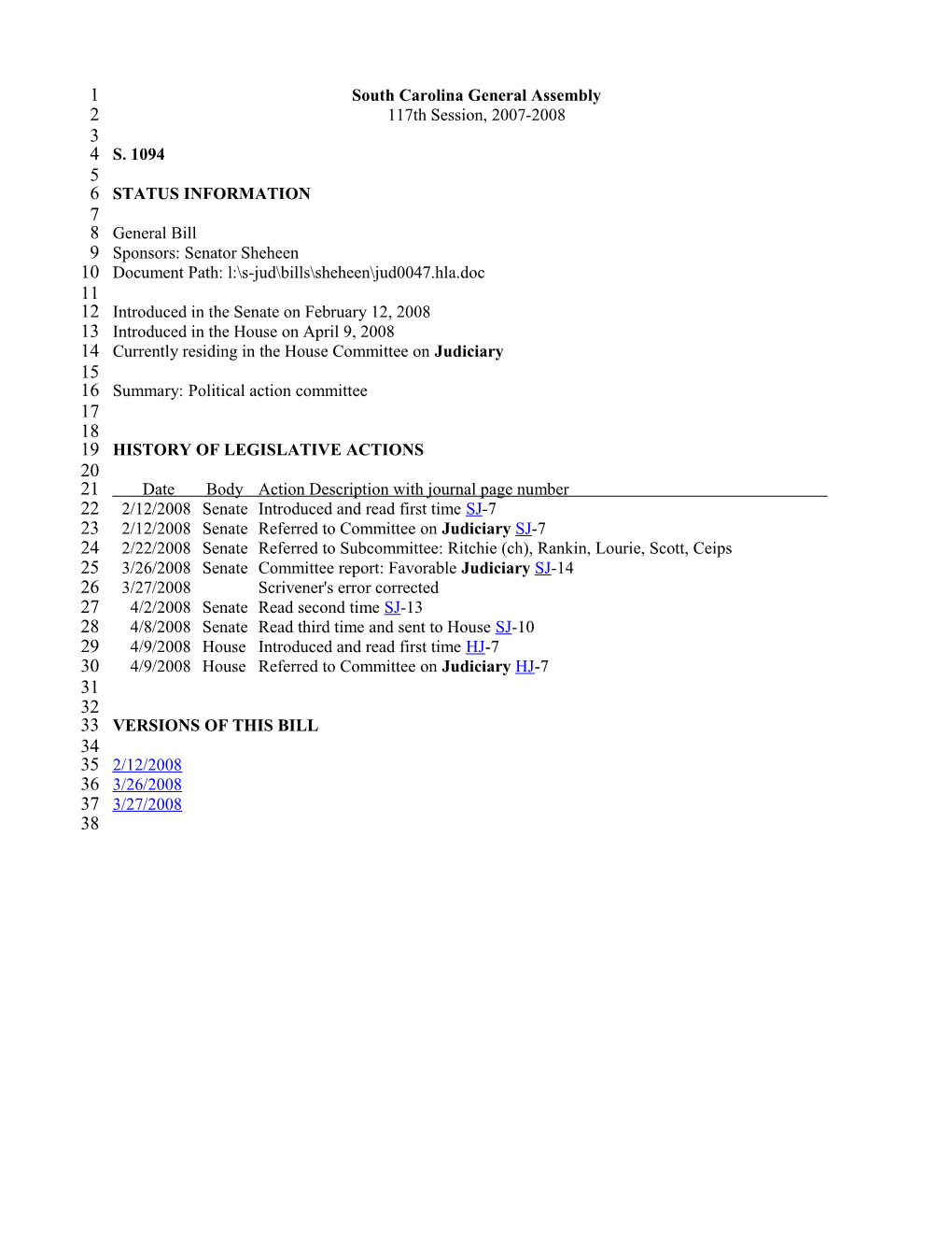 2007-2008 Bill 1094: Political Action Committee - South Carolina Legislature Online