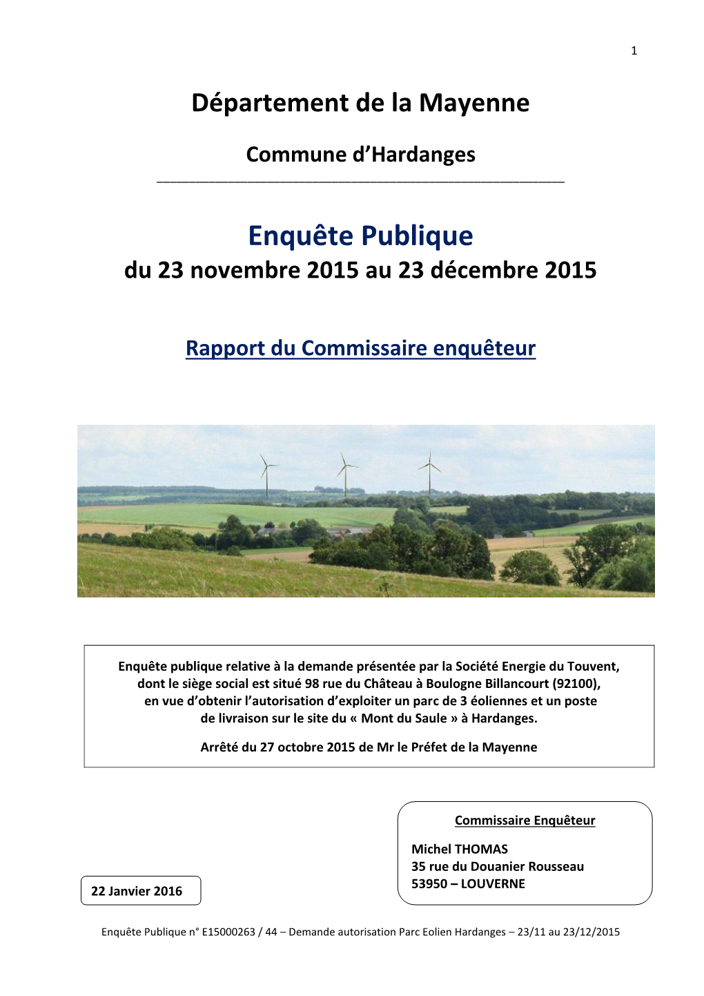 Enquête Publique Du 23 Novembre 2015 Au 23 Décembre 2015