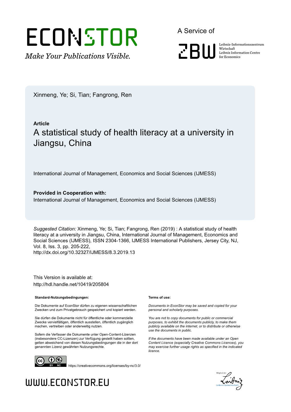 A Statistical Study of Health Literacy at a University in Jiangsu, China