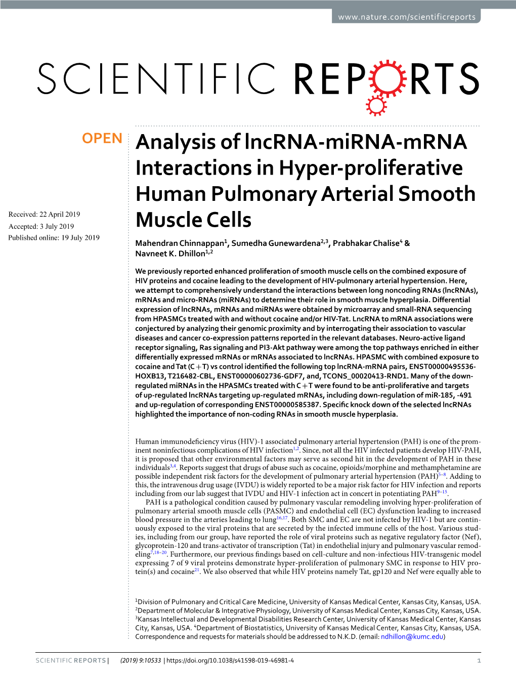 Analysis of Lncrna-Mirna-Mrna Interactions in Hyper-Proliferative Human Pulmonary Arterial Smooth Muscle Cells