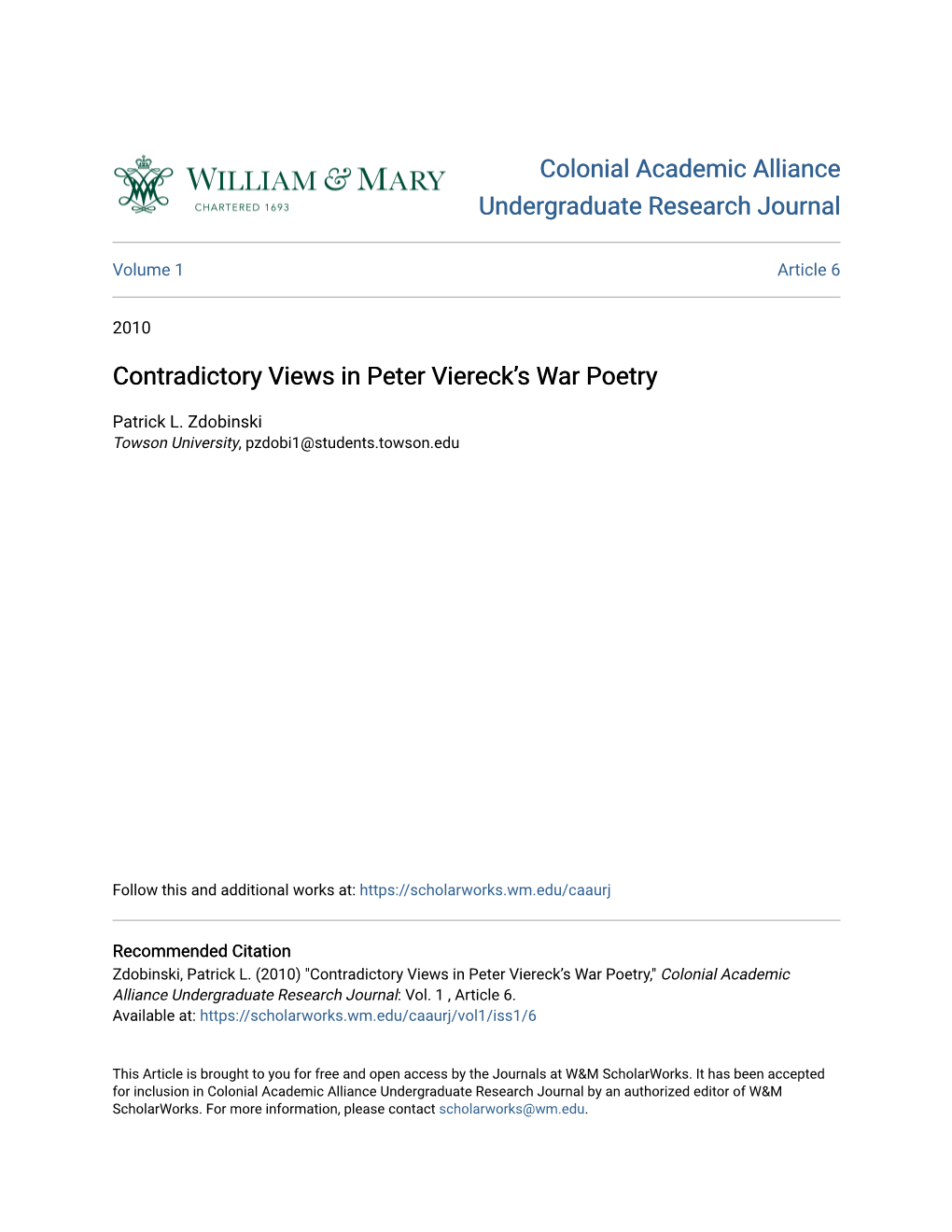 Contradictory Views in Peter Viereck's War Poetry