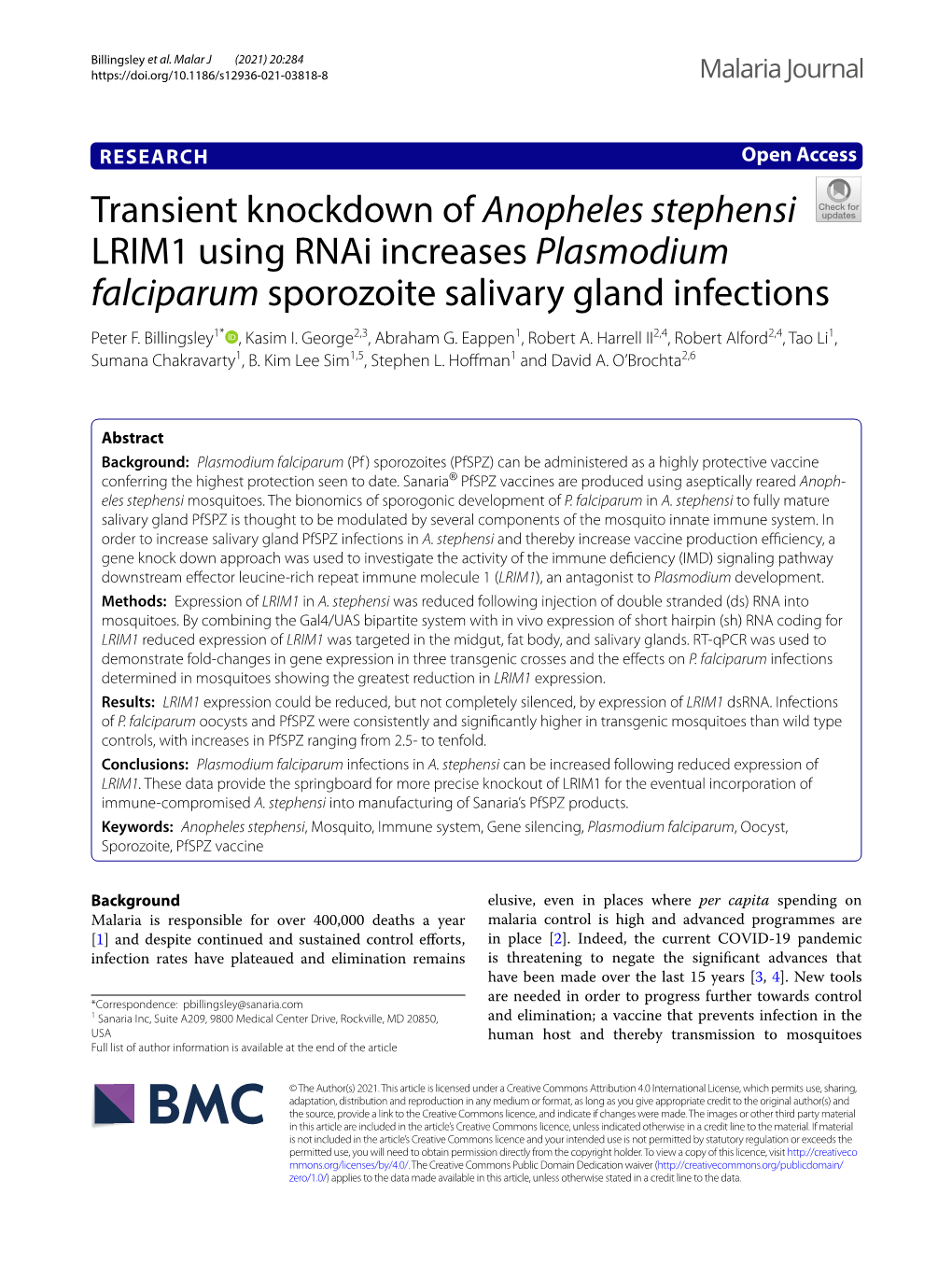 Anopheles Stephensi LRIM1 Using Rnai Increases Plasmodium Falciparum Sporozoite Salivary Gland Infections Peter F