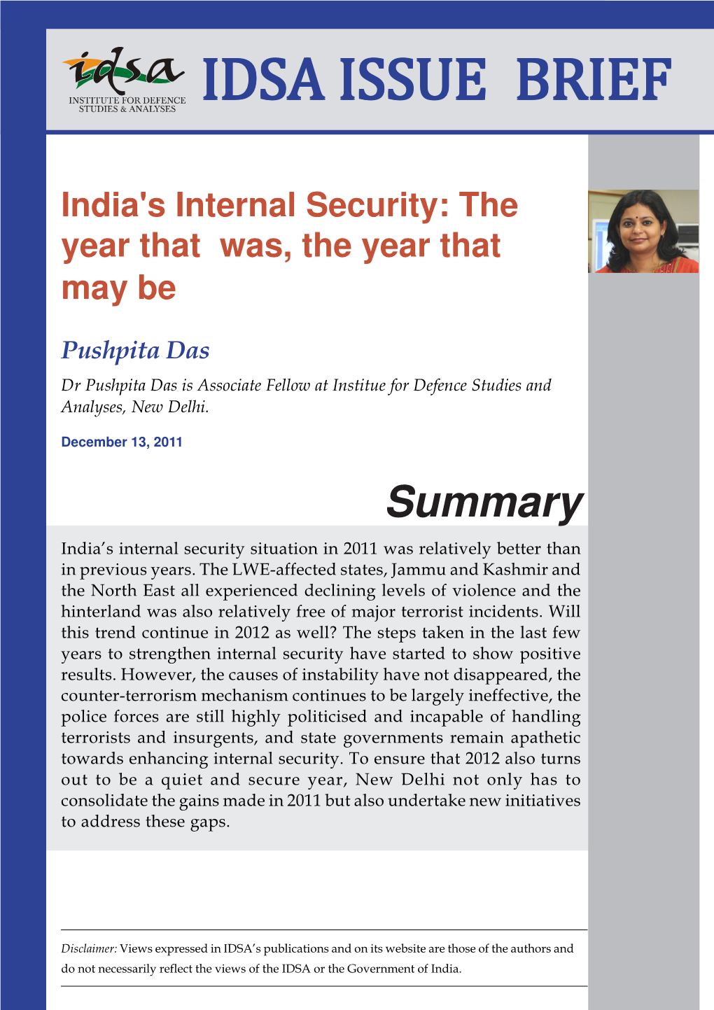 India's Internal Security: the Year That Was, the Year That May Be