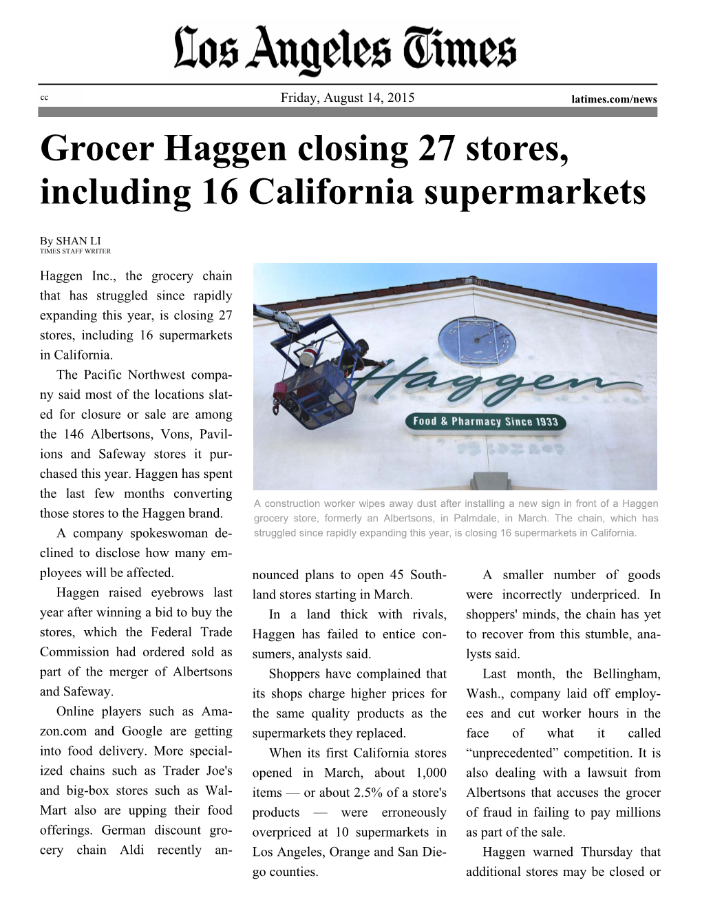 Grocer Haggen Closing 27 Stores LAT 081415.Pub
