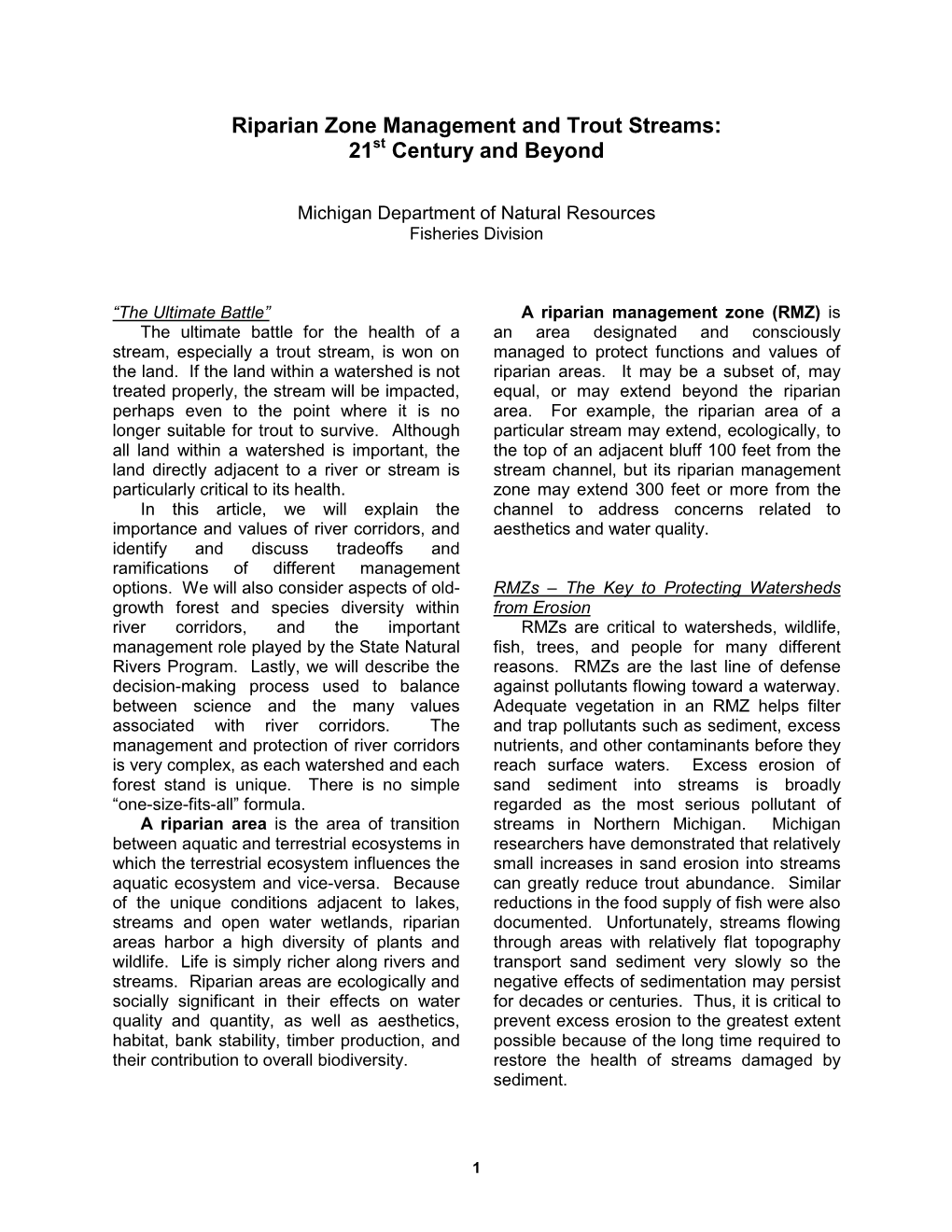 Riparian Zone Management and Trout Streams: 21St Century and Beyond