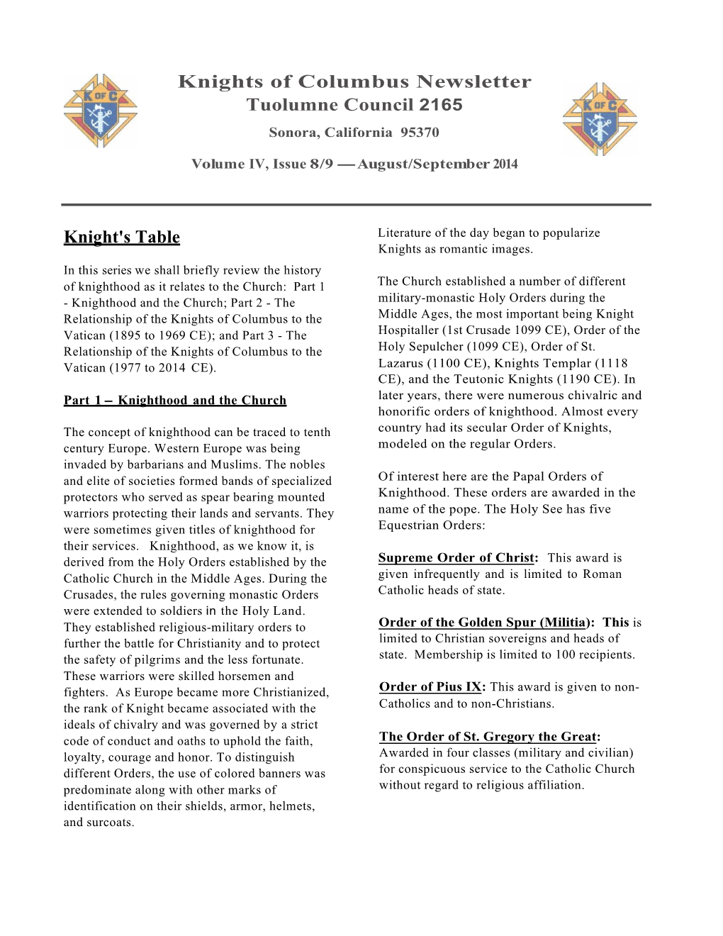 Knights of Columbus Newsletter Tuolumne Council 2165 Knight's