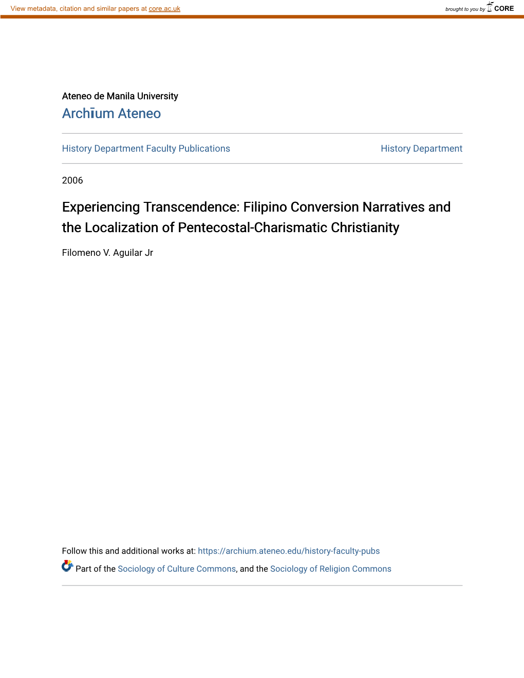 Experiencing Transcendence: Filipino Conversion Narratives and the Localization of Pentecostal-Charismatic Christianity