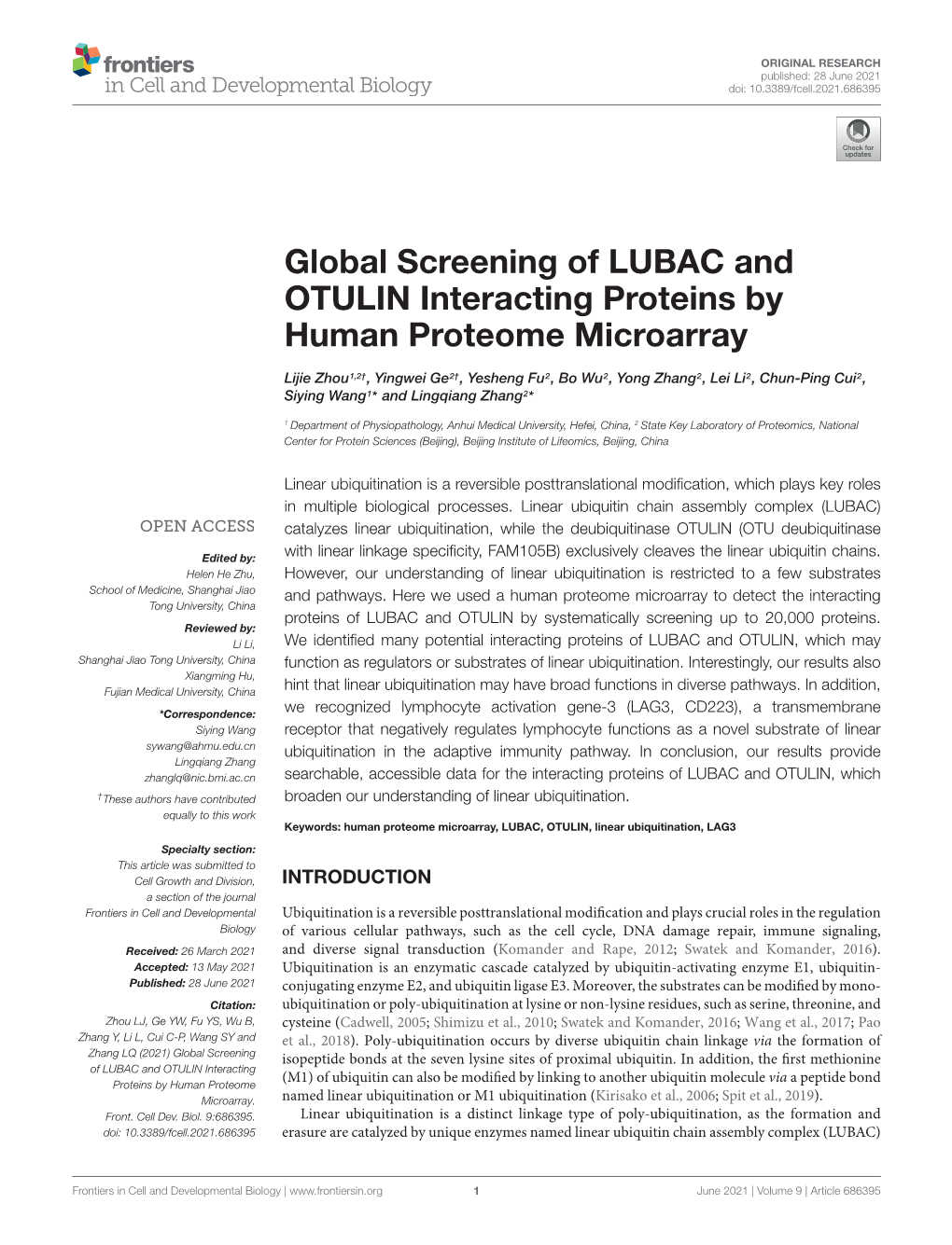Global Screening of LUBAC and OTULIN Interacting Proteins by Human Proteome Microarray