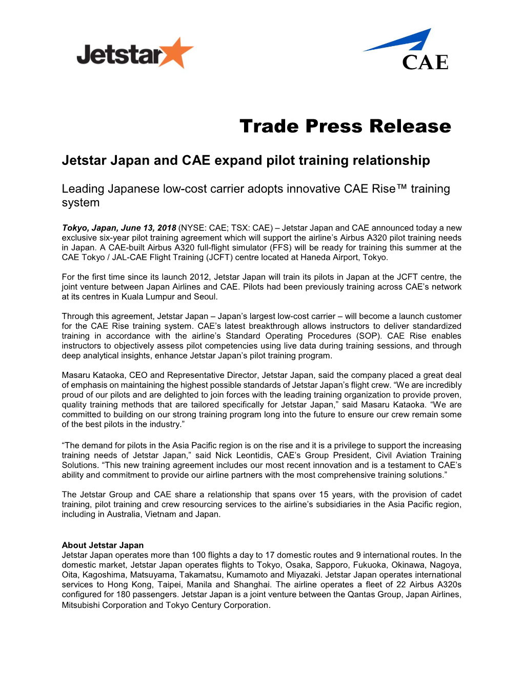 Jetstar Japan and CAE Expand Pilot Training Relationship