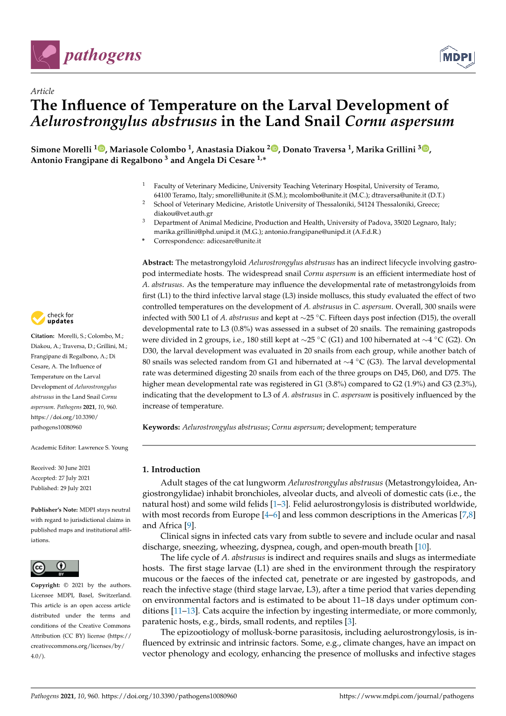 The Influence of Temperature on the Larval Development of Aelurostrongylus Abstrusus in the Land Snail Cornu Aspersum
