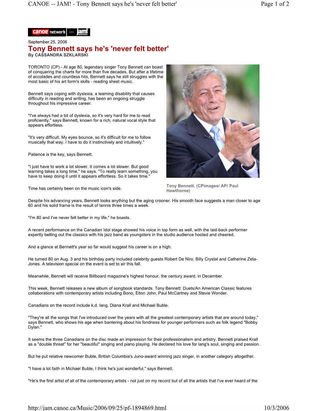 Tony Bennett Says He's 'Never Felt Better' Page 1 of 2