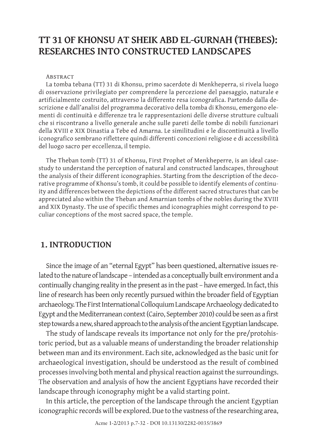 Tt 31 of Khonsu at Sheik Abd El-Gurnah (Thebes): Researches Into Constructed Landscapes