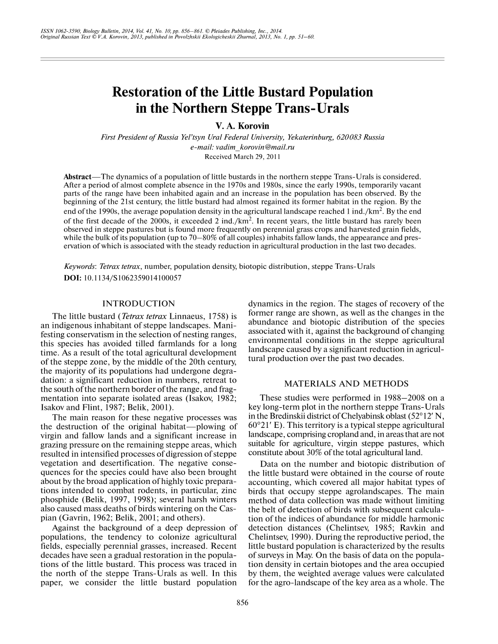 Restoration of the Little Bustard Population in the Northern Steppe Trans Urals
