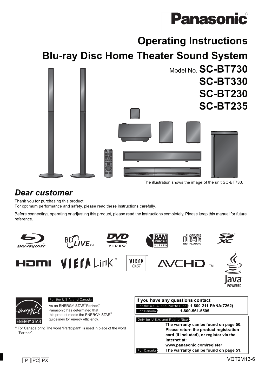 Operating Instructions Blu-Ray Disc Home Theater Sound System SC-BT330 SC-BT230 SC-BT235