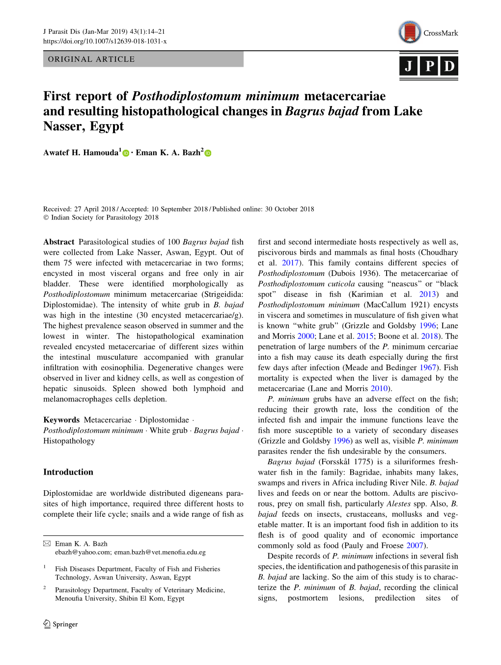 First Report of Posthodiplostomum Minimum Metacercariae and Resulting Histopathological Changes in Bagrus Bajad from Lake Nasser, Egypt