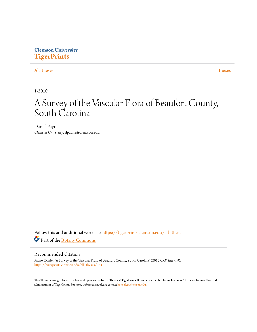 A Survey of the Vascular Flora of Beaufort County, South Carolina Daniel Payne Clemson University, Dpayne@Clemson.Edu