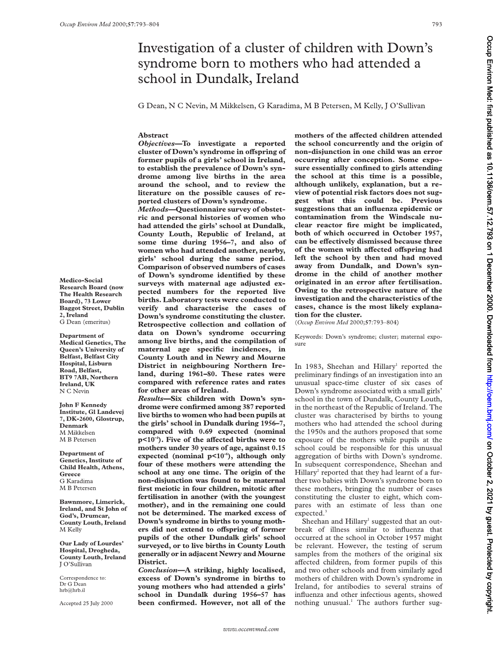 Investigation of a Cluster of Children with Down's Syndrome Born To