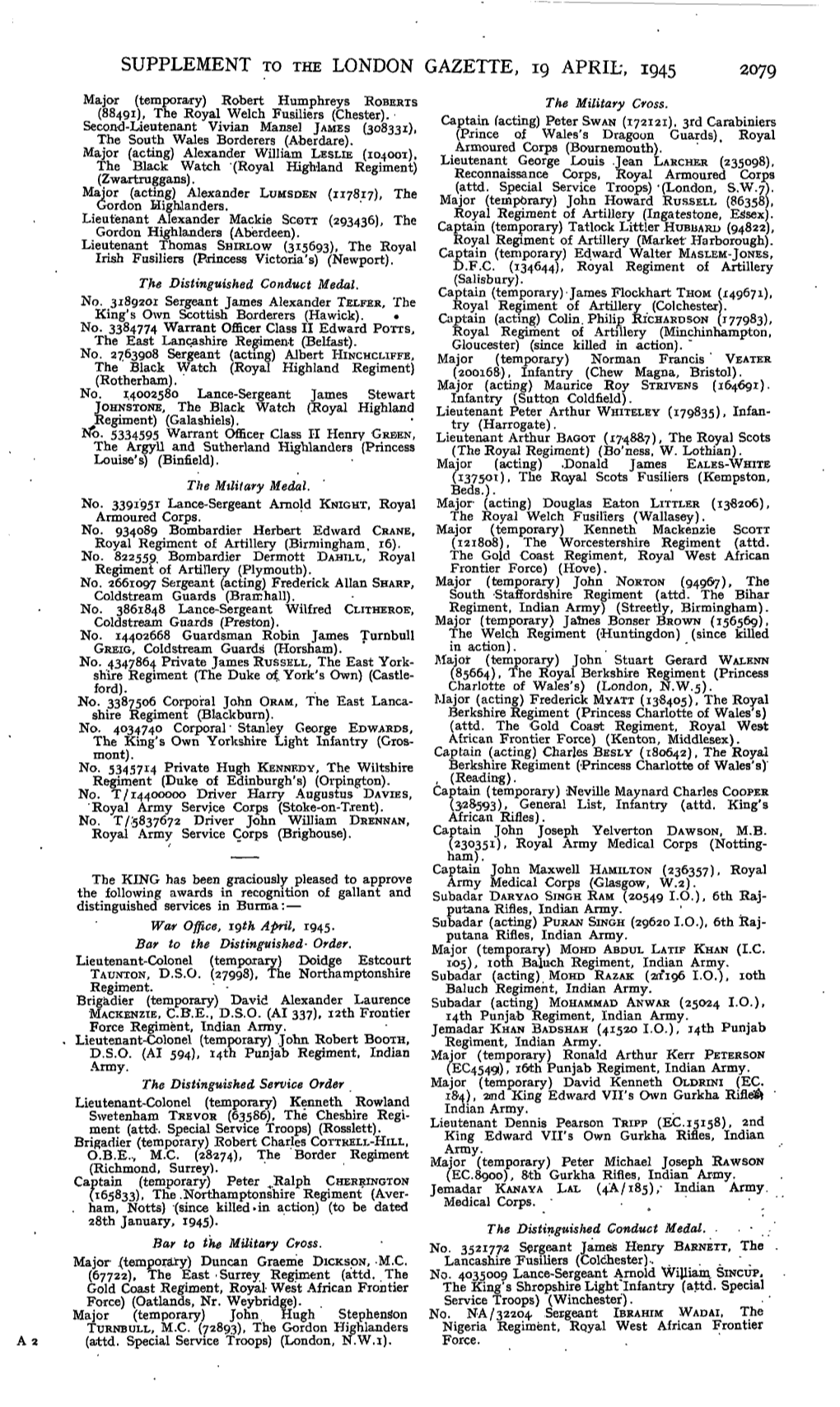 Supplement to the London Gazette, 19 April, 1945 2079