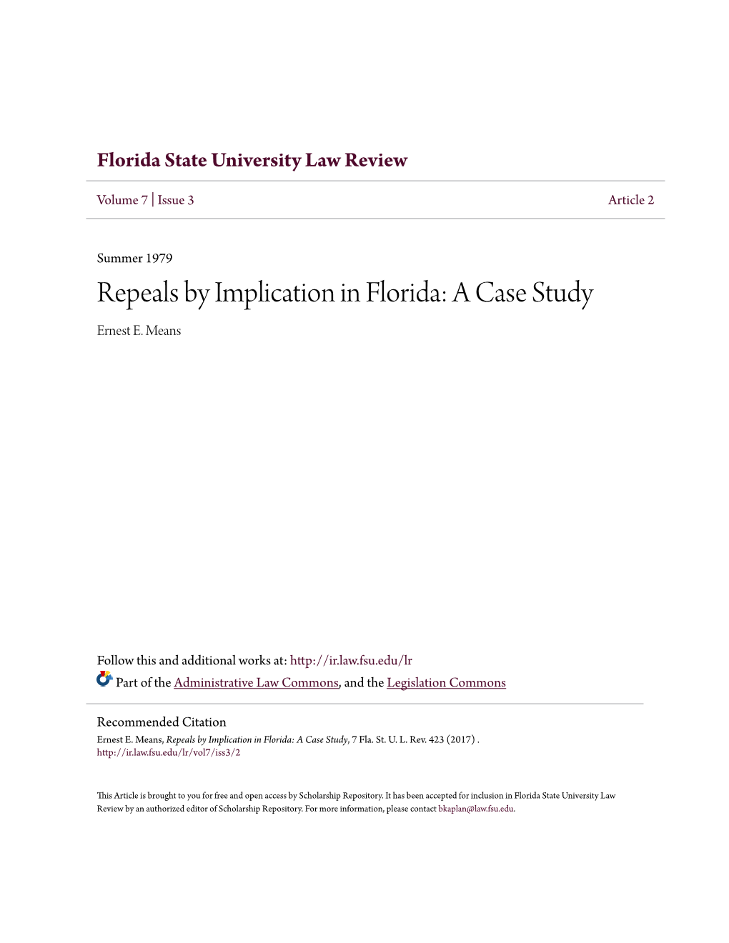 Repeals by Implication in Florida: a Case Study Ernest E