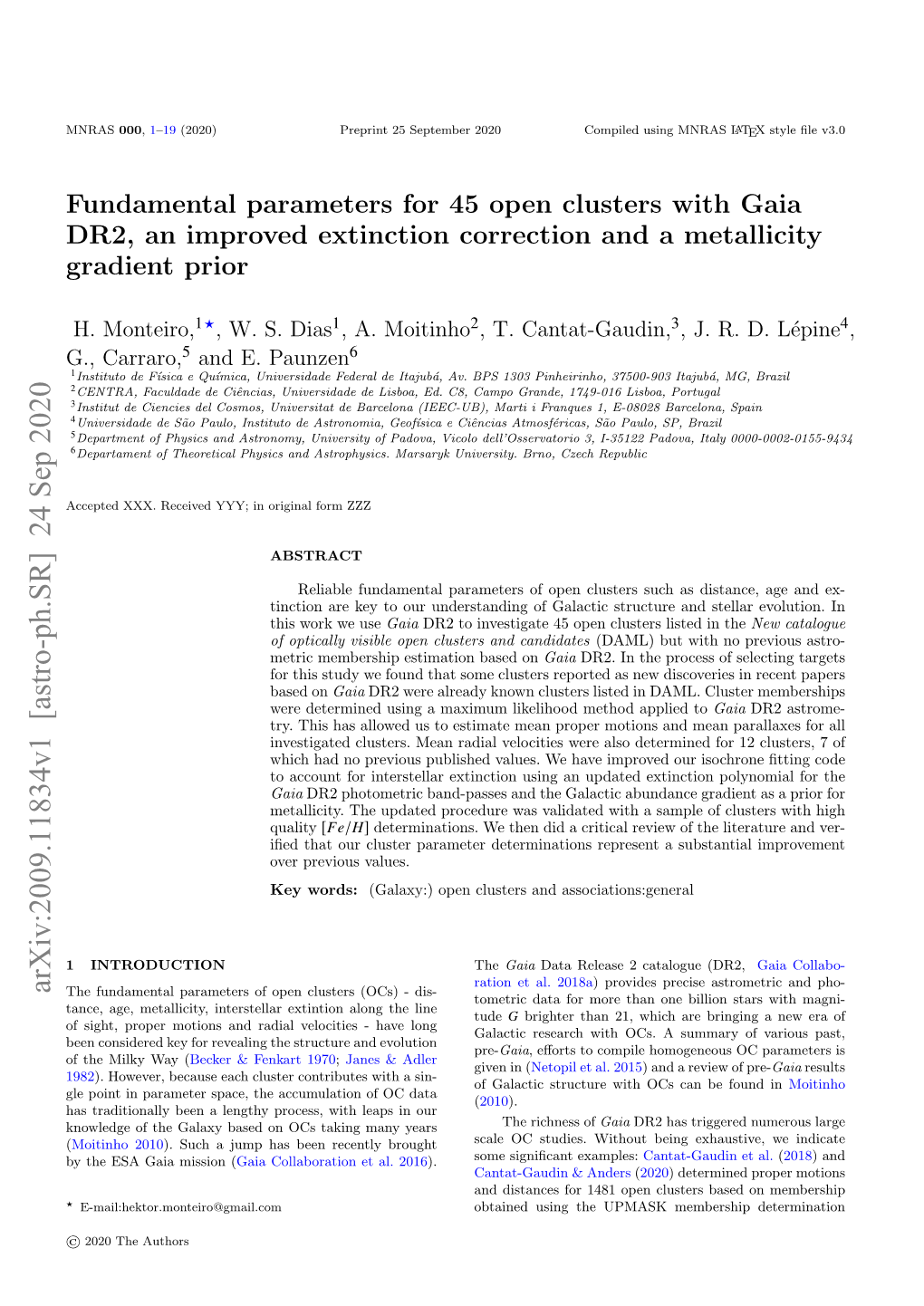 Fundamental Parameters for 45 Open Clusters with Gaia DR2, an Improved Extinction Correction and a Metallicity Gradient Prior
